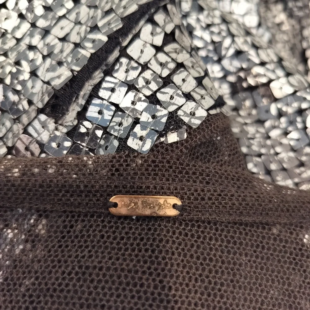 Free People Sequin Mini Dress Womens Medium Sheer Mesh V-Neck Party Glam Silver